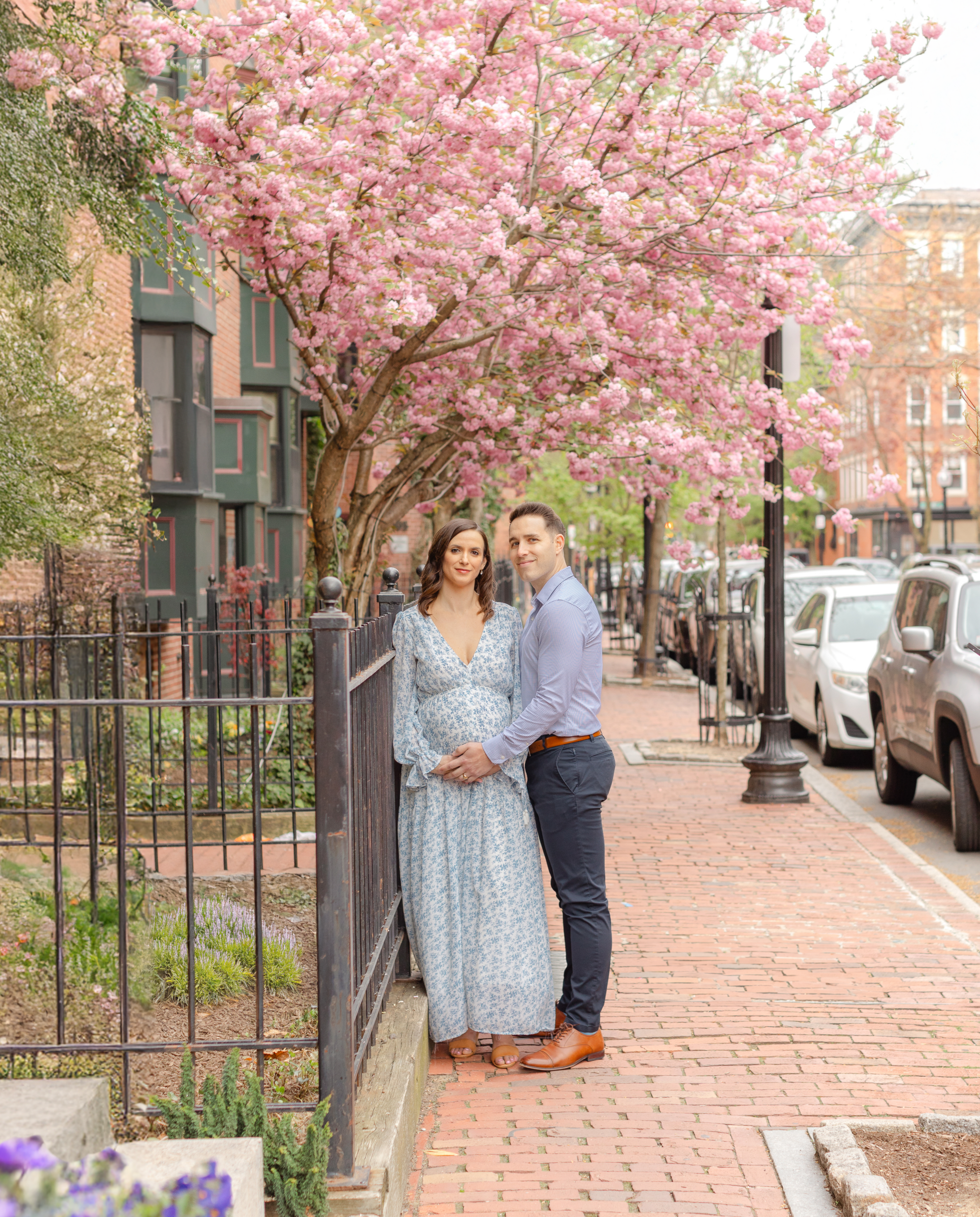 Expectant parents during a spring maternity session in Boston, taken by framingham maternity photographer.